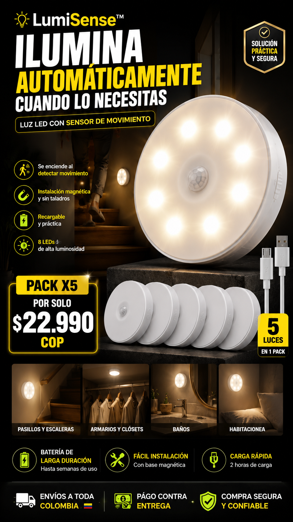 💡 LumiSense™ – Luz LED Inteligente con Sensor de Movimiento | Pack x5
